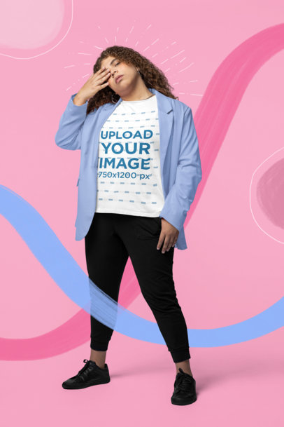 Bella Canvas Tee Mockup of a Woman with Curly Hair Posing in a Studio