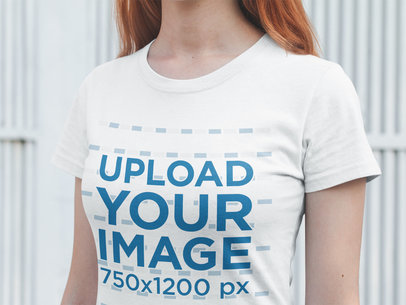 Closeup of a Red-Head Woman Wearing a T-Shirt Mockup