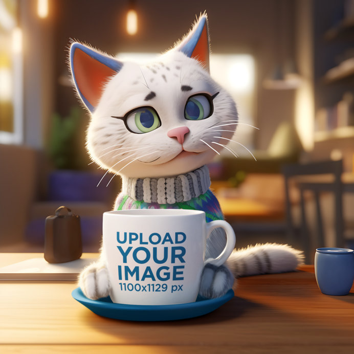AI-Generated Mug Mockup Featuring a Cartoonish 3D Kitten in a Coffee Shop