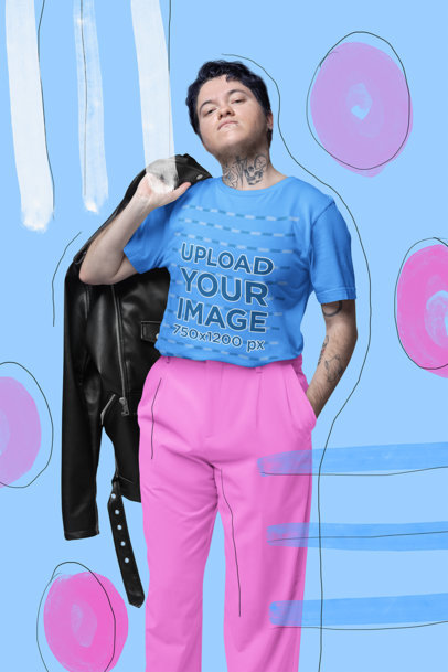 Bella Canvas Tee Mockup Featuring a Tattooed Man Posing with a Leather Jacket