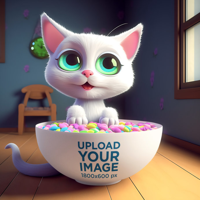 Mockup of an AI-Created Cat Illustration Placed in a Dog Bowl Filled With Food