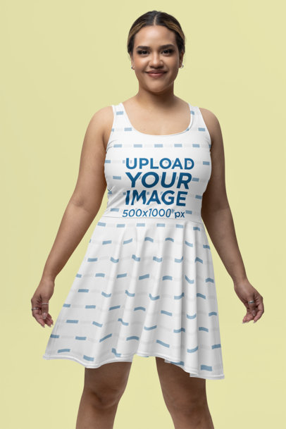 Mockup of a Smiling Woman Wearing a Sublimated Skater Dress