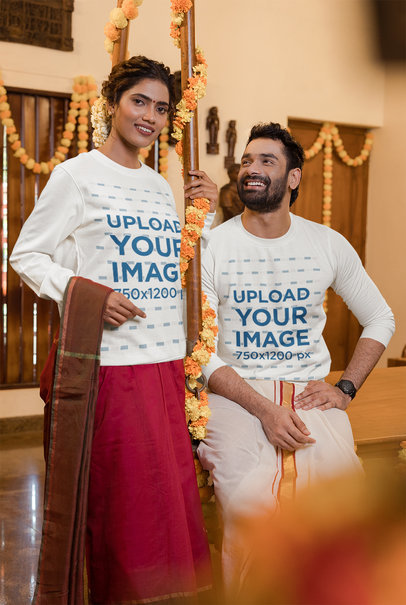 Crewneck Sweatshirt Mockup of a Smiling Couple Posing in a Flower-Decorated Room