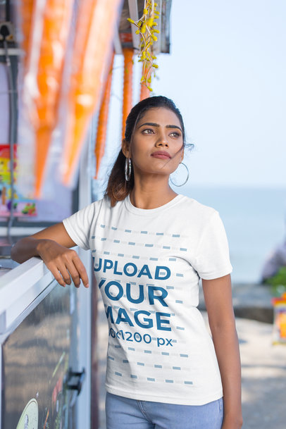 Mockup of a Woman Wearing a Rounded-Neck Gildan T-Shirt 