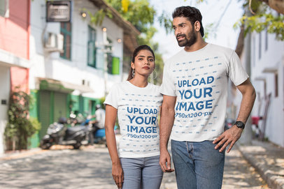Gildan T-Shirt Mockup of a Cool Couple Posing With Stylish Looks