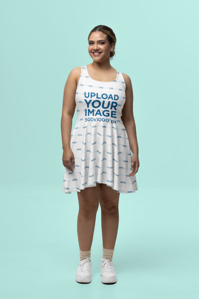 Skater Dress Mockup Featuring a Smiling Woman in a Studio