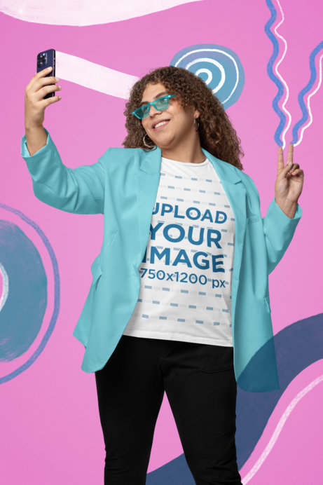 Bella Canvas T-Shirt Mockup of a Curly-Haired Woman with Sunglasses Taking a Selfie