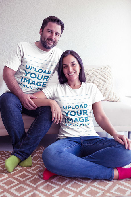 Man and Woman Wearing Round Neck Tees Mockup without Shoes