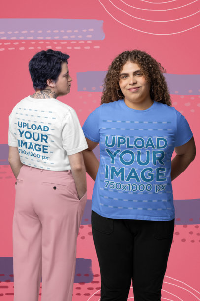 Trans-Themed Mockup Featuring a Tattooed Man and a Woman Wearing Bella Canvas T-Shirts