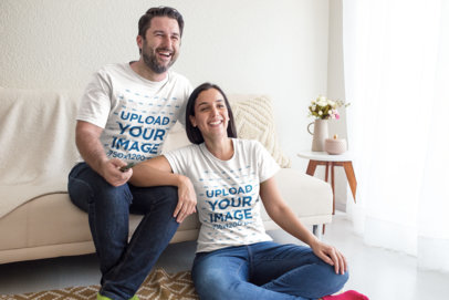 Happy Man and Woman Wearing Round Neck Tees Mockup at Home