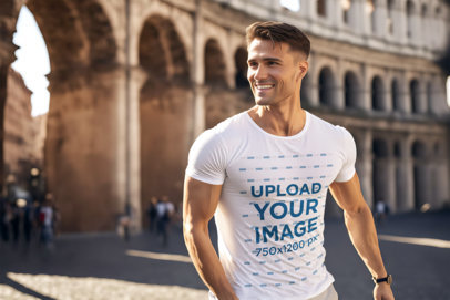 AI-Generated Mockup of a Muscled Man Wearing a T-Shirt in Rome