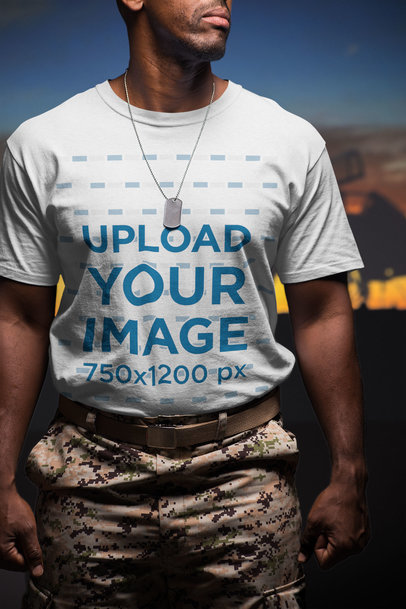 Closeup of a Veteran Soldier Wearing a T-Shirt Mockup 