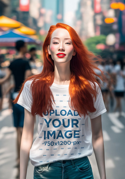 T-Shirt Mockup of an AI-Generated Woman Posing in a Big City