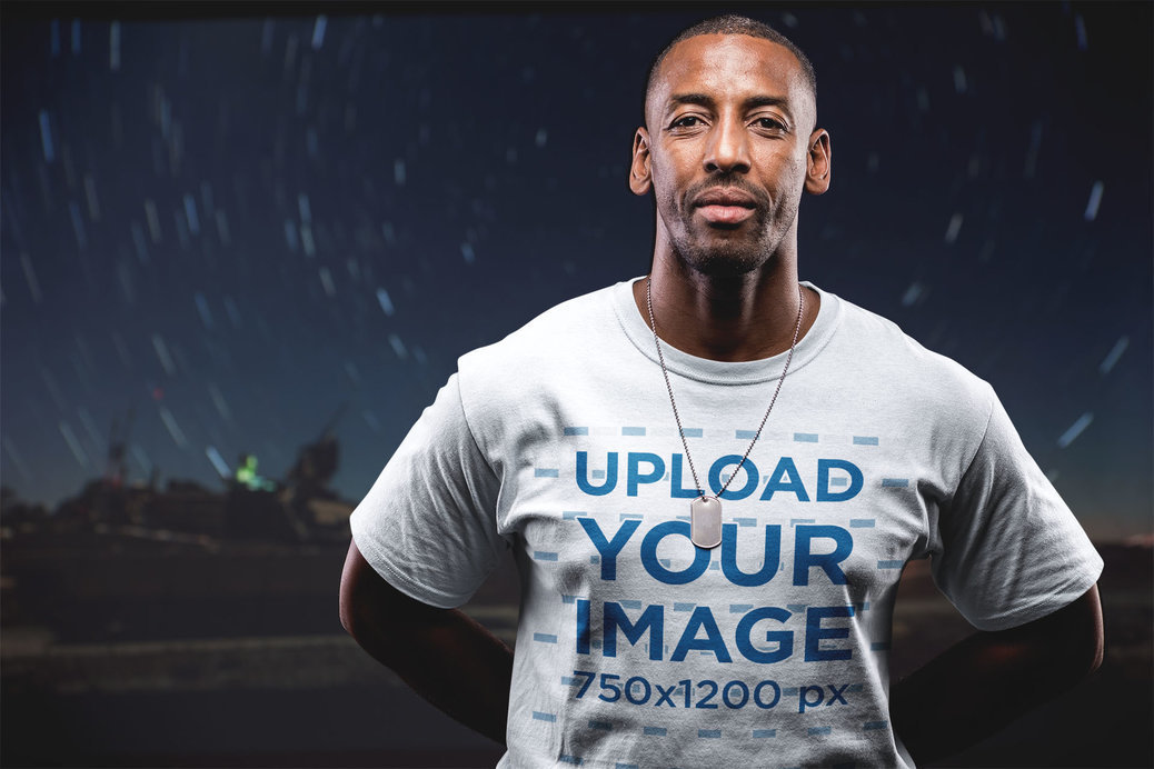 T-Shirt Mockup Being Worn by a Veteran at Night