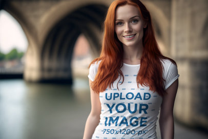 Round-Neck Tee Mockup of an AI-Created Woman with Red Hair Posing in London