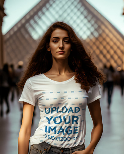 AI-Generated Tee Mockup of a Woman Posing in Front of the Louvre Pyramid m32499