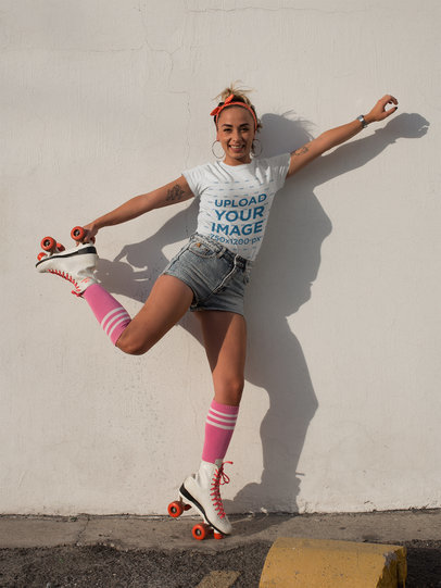 Hispanic Woman Posing while Roller Skating Wearing a T-Shirt Mockup
