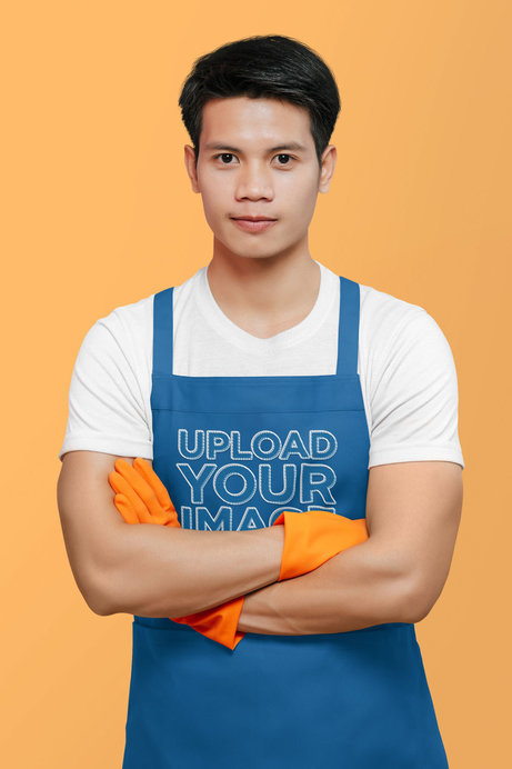 Apron Mockup of a Man With Rubber Gloves Posing in a Studio