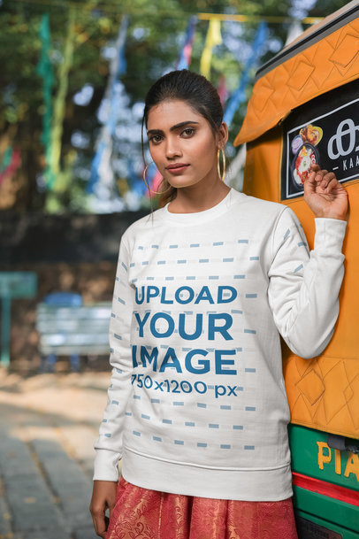 Crewneck Sweatshirt Mockup of a Serious Woman With a Traditional Outfit