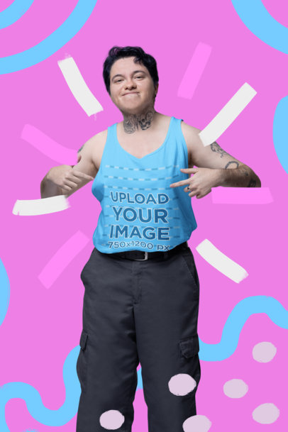 Mockup of a Happy Man with Tattoos Pointing at His Bella Canvas Tank Top