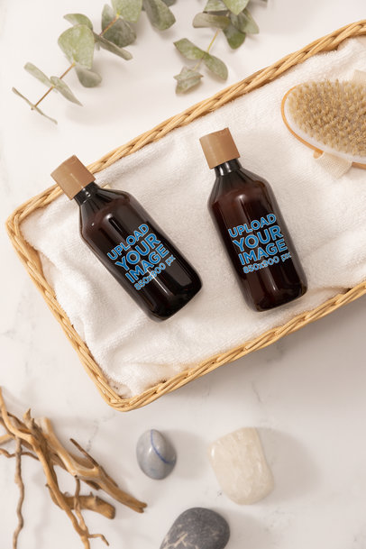 Cosmetic Bottle Mockup Featuring a Nice a Basket and a Cool Aesthetic