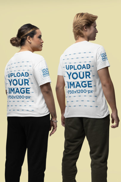Back-View Gildan T-Shirt Mockup Featuring a Man and Woman in a Studio