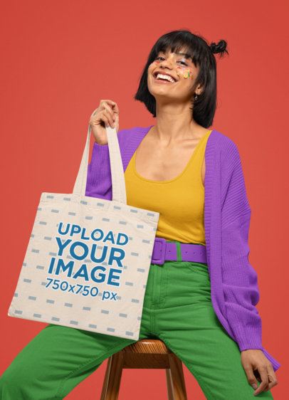 Mockup of a Joyful Woman Carrying a Sublimated Tote Bag