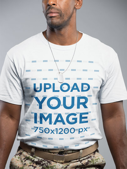 Closeup of a Veteran Wearing a T-Shirt Mockup at a Studio