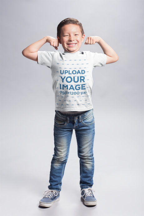 Asian Boy Wearing a T-Shirt Mockup Flexing his Biceps