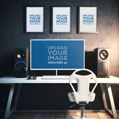 Gaming Mockup Featuring a PC and Three Art Prints