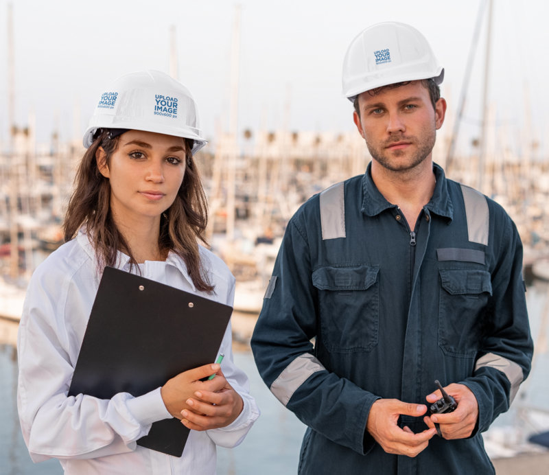 Hard Hat Mockup Featuring Two Workers Standing Next to Each Other
