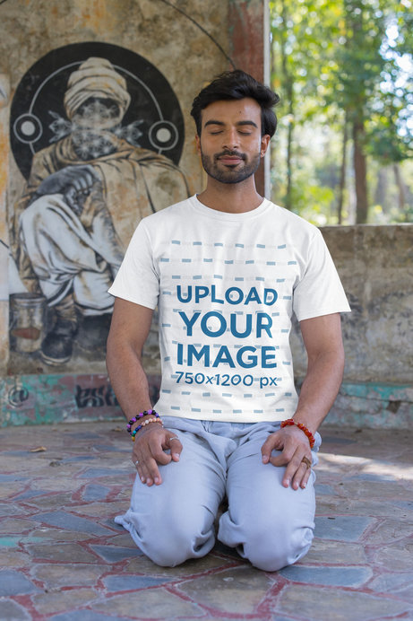 Round-Neck Gildan Tee Mockup of a Bearded Man Meditating