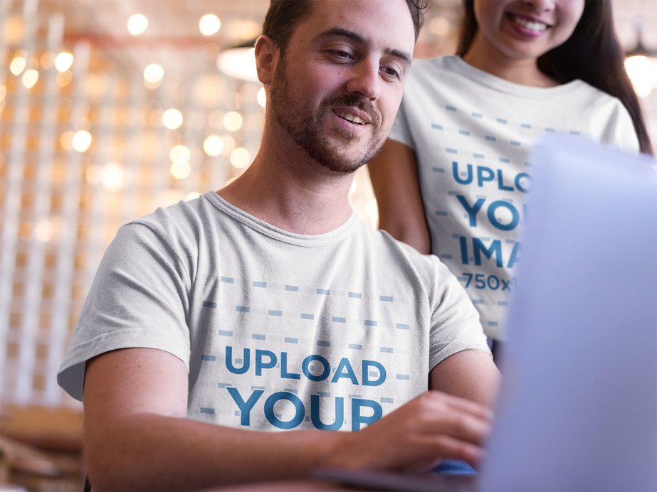 Man and Woman Wearing Round Neck Tshirts Mockup while Working