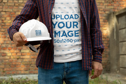 Heathered T-Shirt Mockup Featuring a Cropped-Face Man Holding a Hard Hat