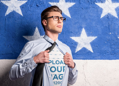 T-Shirt Mockup Featuring a Confident Man and a Labor Day Theme