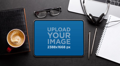 iPad Mockup Featuring Office Supplies and a Cup of Coffee m32025 r-el2