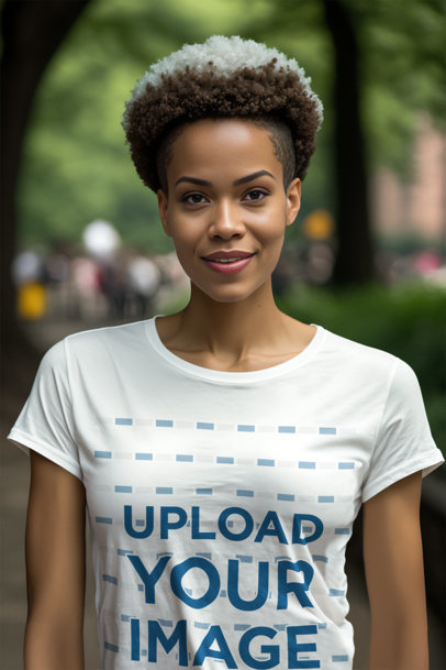 AI-Created T-Shirt Mockup of a Woman with an Edgy Haircut in Central Park m32528