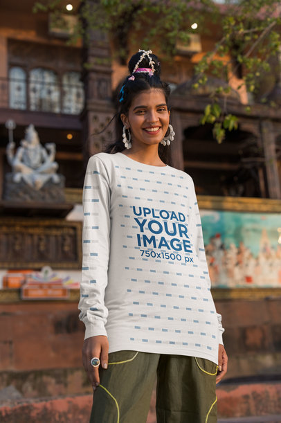Bella Canvas Long Sleeve T-Shirt Mockup Featuring a Smiling Woman with Big Earrings