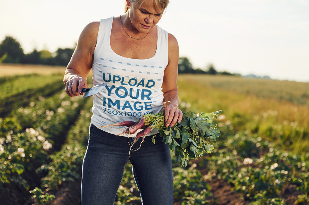 Tank Top Mockup Featuring a Woman Holding a Beetroot