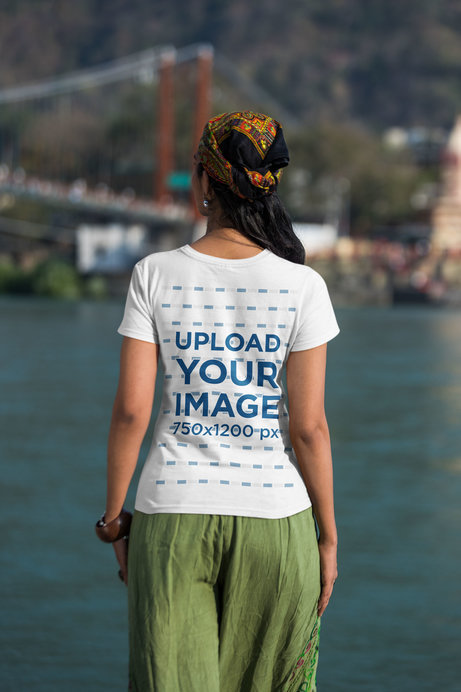 Back-View Gildan T-Shirt Mockup of a Woman Looking at the River