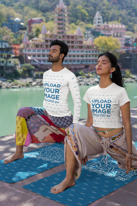 Bella Canvas Long-Sleeve Tee and Crop Top Mockup of a Couple Practicing Yoga