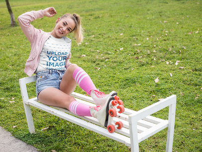 Trendy Woman with Roller Skates Wearing a Tshirt Template at a Park