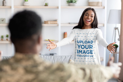 Long Sleeve Tee Mockup Featuring a Happy Woman Greeting His Partner for Memorial Day
