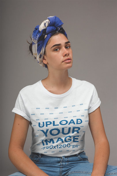 Woman with Freckles and a Headwrap Wearing a T-Shirt Mockup