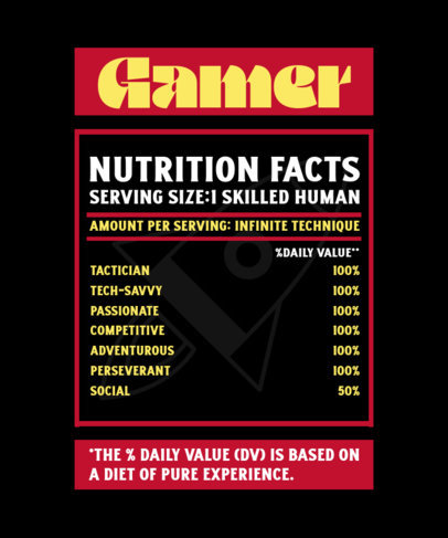 T-Shirt Design Template With a Nutrition Facts Chart Featuring a Gamers Theme 5626c
