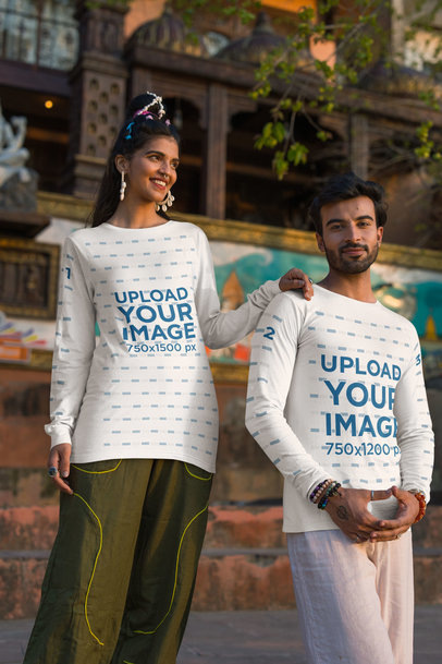 Bella Canvas Long Sleeve Tee Mockup Featuring a Smiling Couple Posing