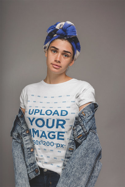 Young Woman with Freckles Wearing a T-Shirt Mockup and a Blue Headwrap