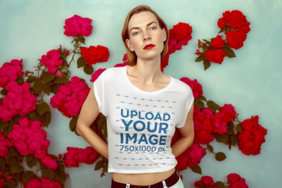 Crop Top Mockup Featuring an AI-Generated Woman Posing in Front of a Bunch of Roses