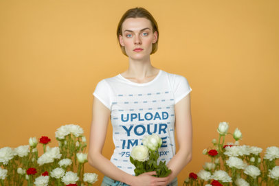 T-Shirt Mockup Featuring an AI-Generated Woman Holding Flowers