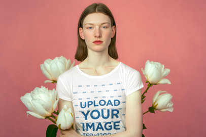 T-Shirt Mockup Featuring an AI-Generated Woman with Flowers in the Background